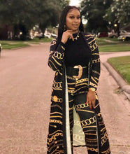 Load image into Gallery viewer, 2 Piece Elegant black &amp; gold chain coat with leggings

